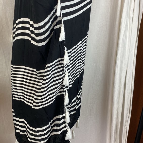 C&T Beach Black & White Striped Fringe Trim Short Sleeve Swim Cover Up L - Picture 4 of 5